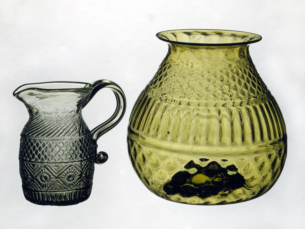 1959.3322, 1959.3003 Glass jug and vase