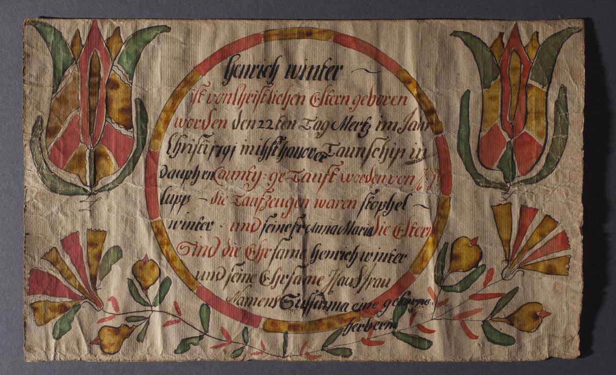 2010.0028 Fraktur, view 2, after conservation treatment, raking light