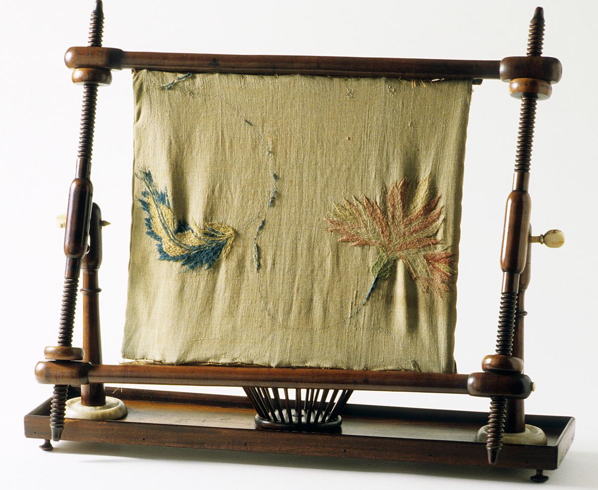 1958.2974 Stand, 1969.2038 Textile fragment, embroidered