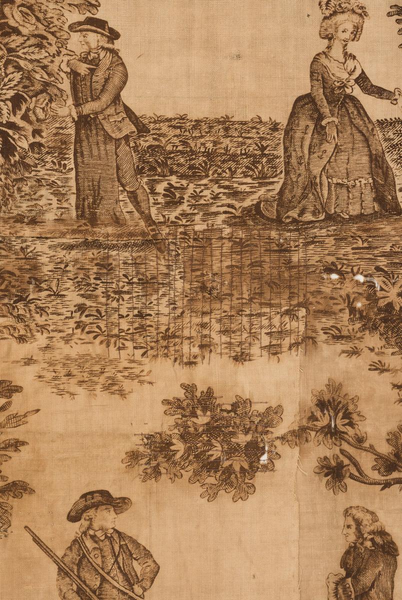 1959.0024 Textile, printed, detail 3, before conservation treatment