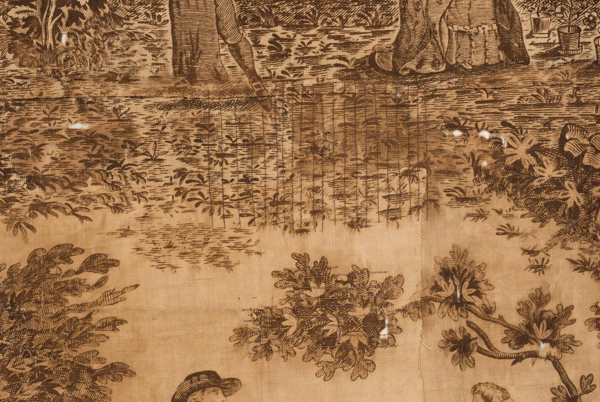 1959.0024 Textile, printed, detail 4, before conservation treatment