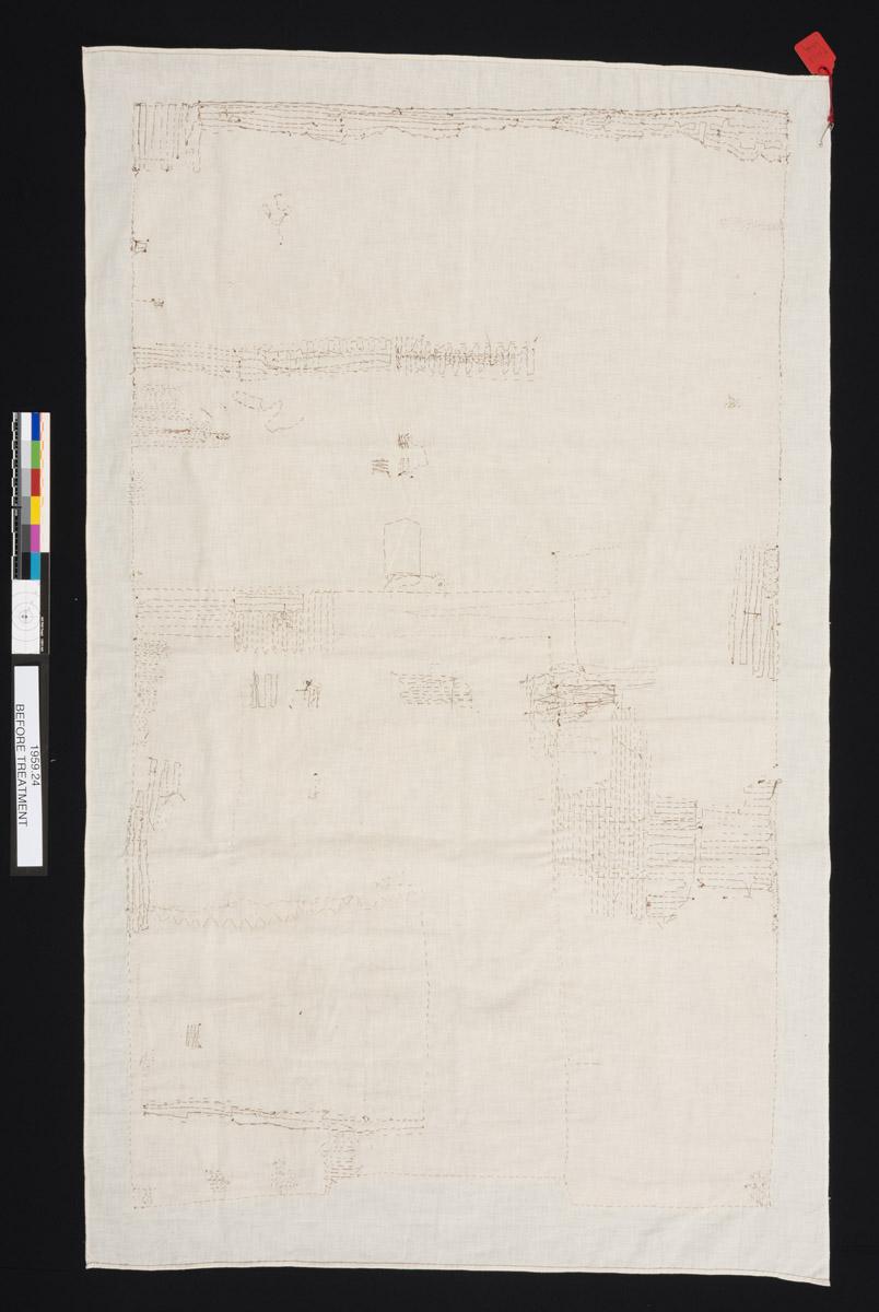 1959.0024 Textile, printed, reverse, before conservation treatment