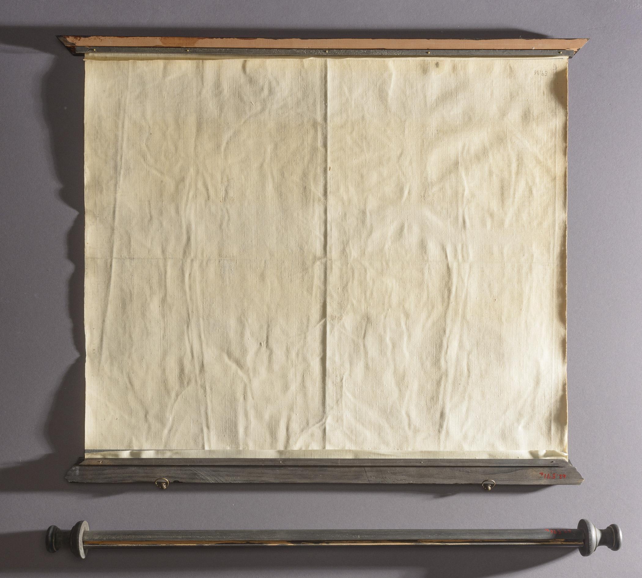 1959.0036 Map, 1962.0571 A, B Map Frame and Roller, view 4, reverse, raking light