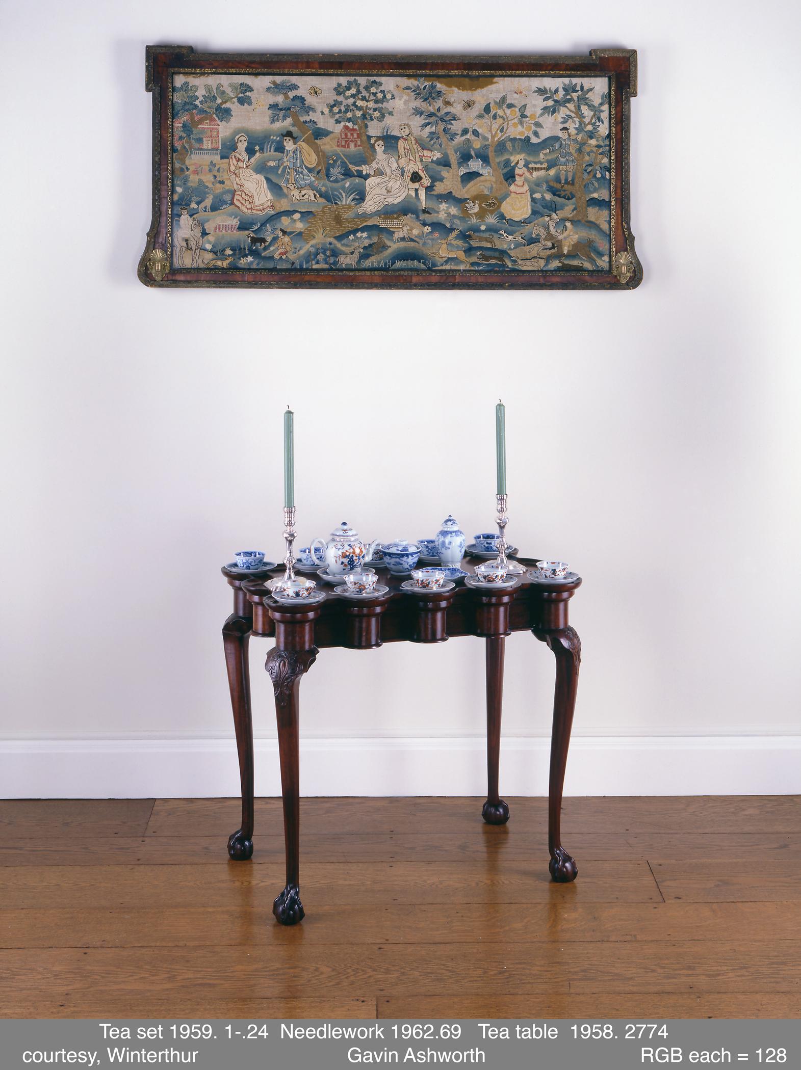 1962.0069, 1958.2774, 1959.0077.001-.024, and 1979.0114 Needlework, Tea Table, Ceramics, and Silver candlesticks