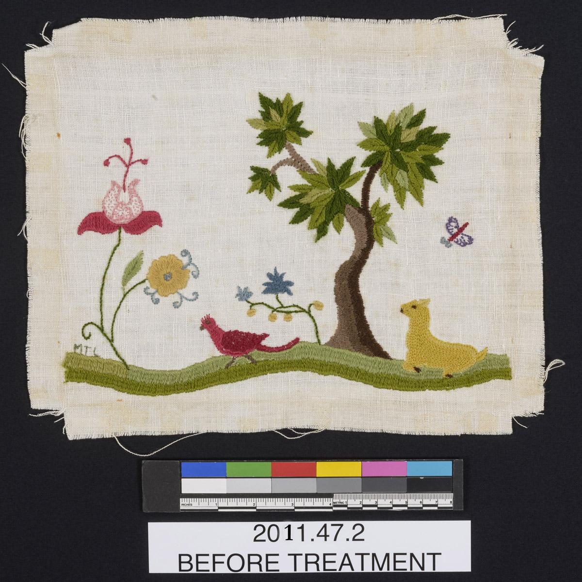 2011.0047.002 Needlework picture, before conservation treatment