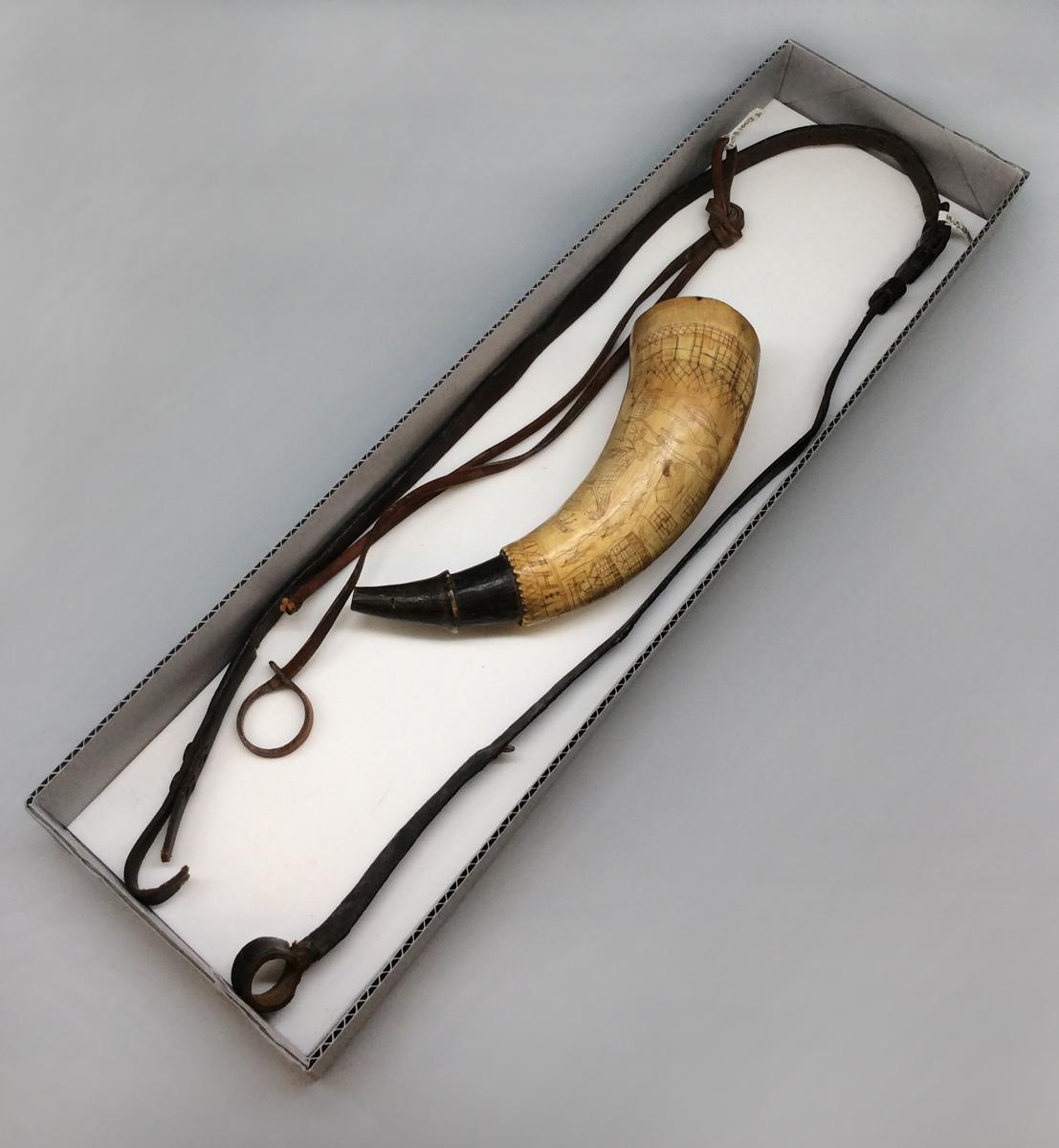 1958.1003 A Powder horn, 1958.1003 B Strap, 1965.2744 B Strap, view 1