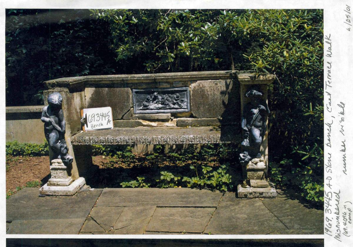 1969.3445 A-D Bench, cupid figures, and plaque