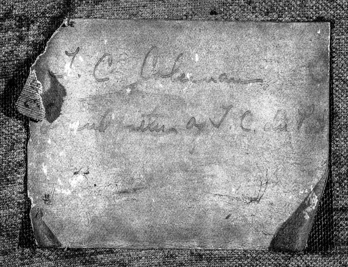 2013.0020.001 A Painting, B Frame, reverse, label, before conservation treatment