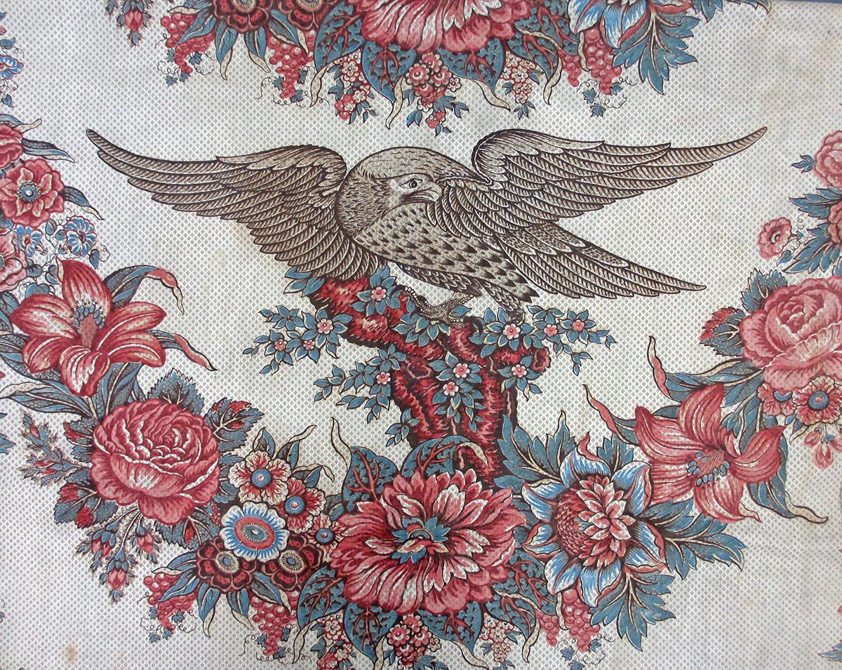 T111 textile, printed design repeat (machine ground blue & red)