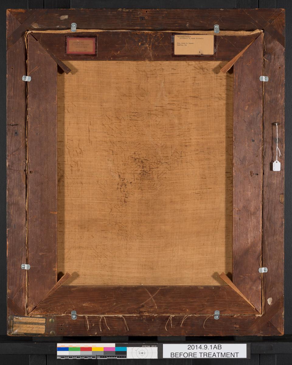 2014.0009.001 A Painting, B Frame, reverse, before conservation treatment