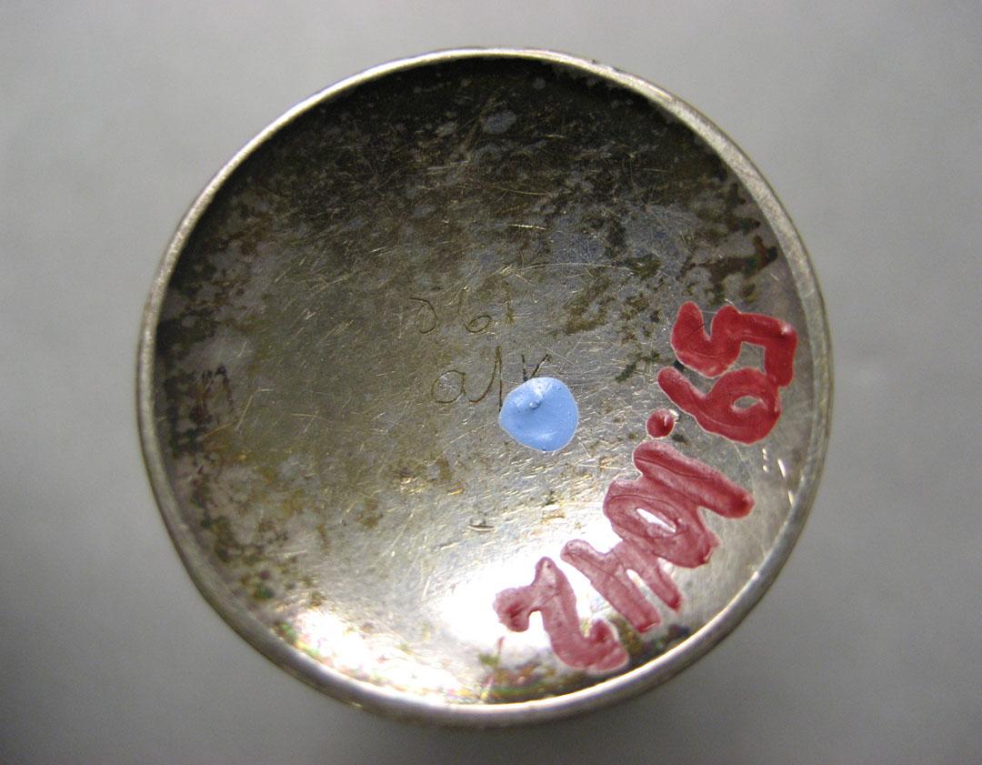 1959.1042 silver miniature cup base and inscription