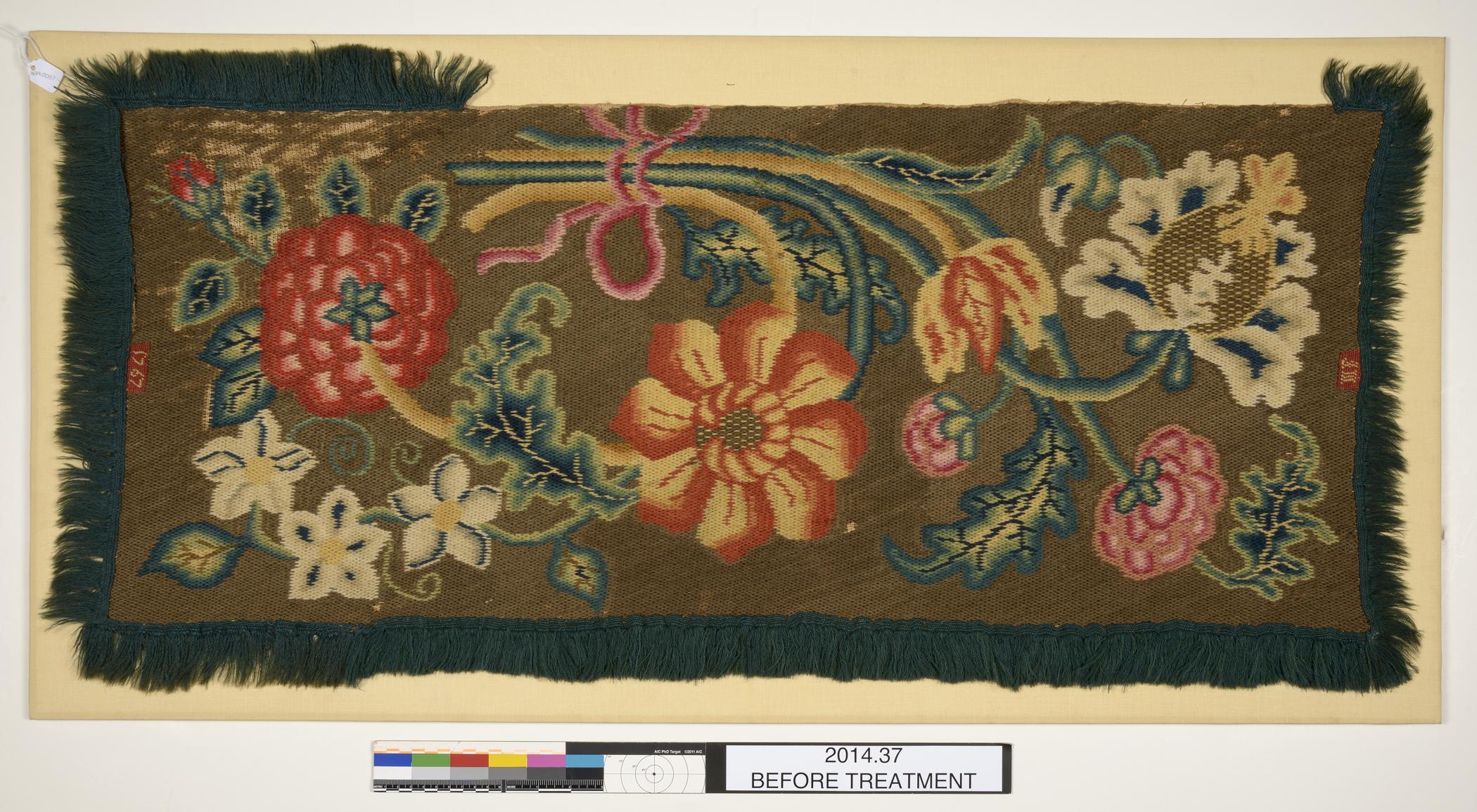 2014.0037 Table cover, view 1, before conservation treatment