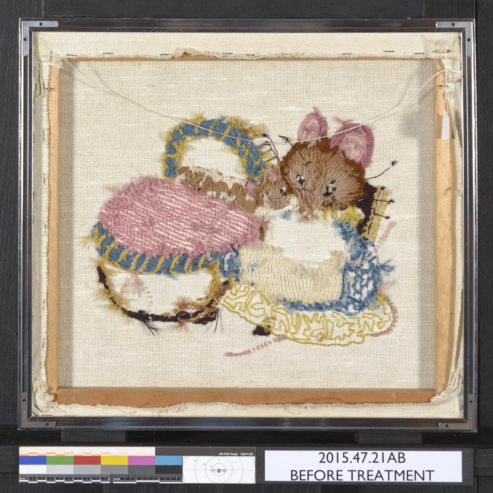 2015.0047.021 A Needlework picture, B Frame, view 2, reverse, before conservation treatment