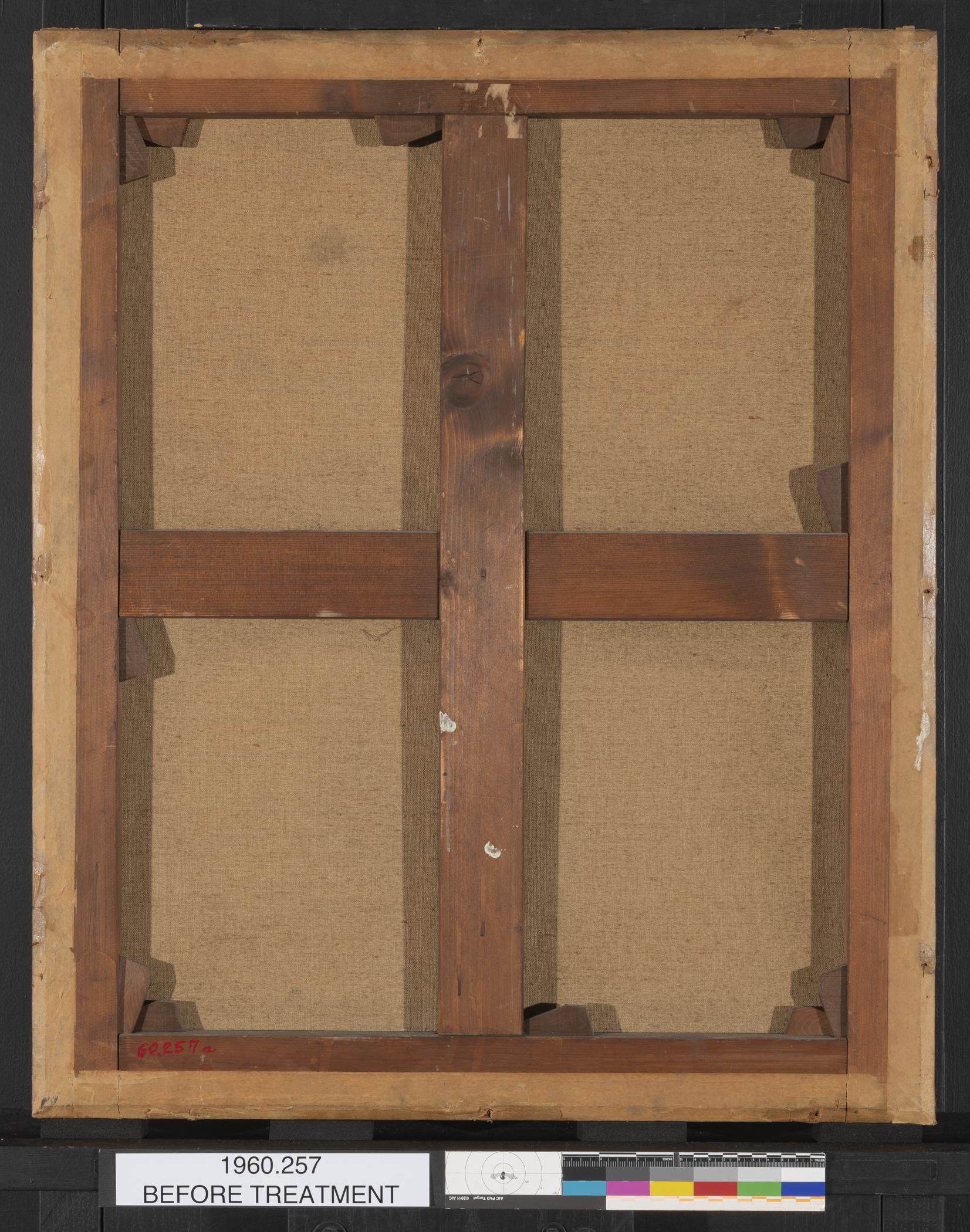 1960.0257 A Painting, view 2, reverse, before conservation treatment
