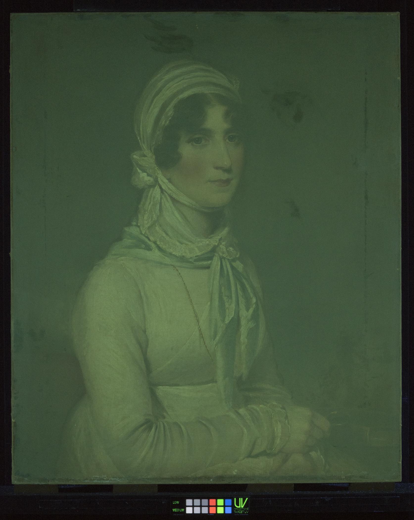 1960.0257 A Painting, view 5, ultraviolet light, before conservation treatment