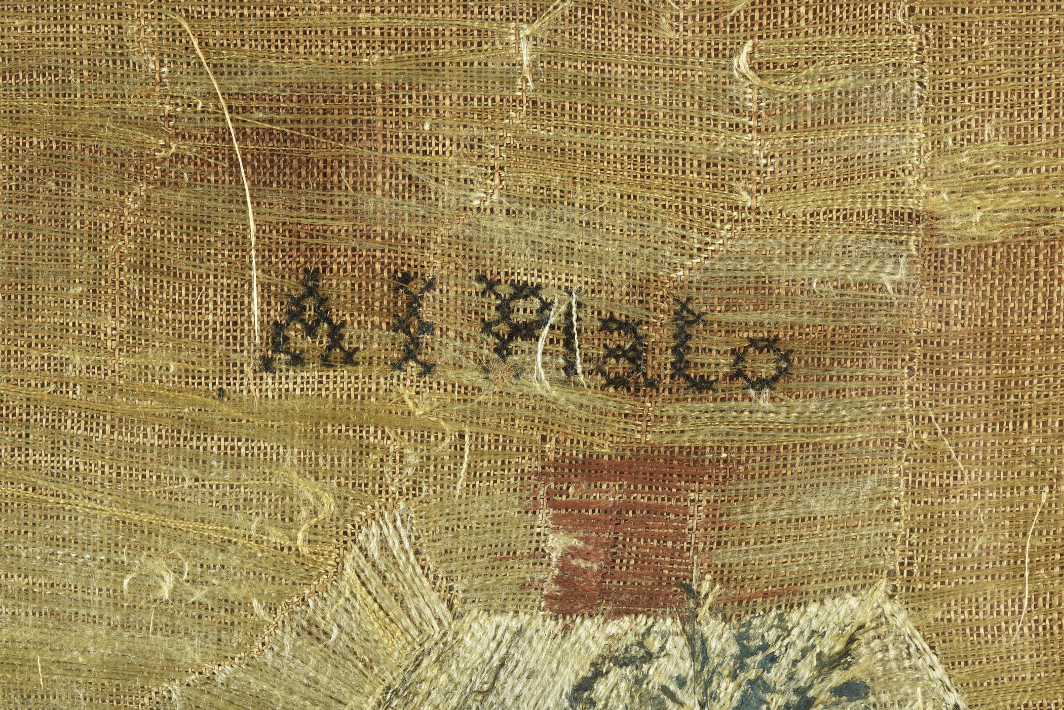 2018.0029 A Needlework picture, B Glass mat, C Backboard, D Frame, detail 1