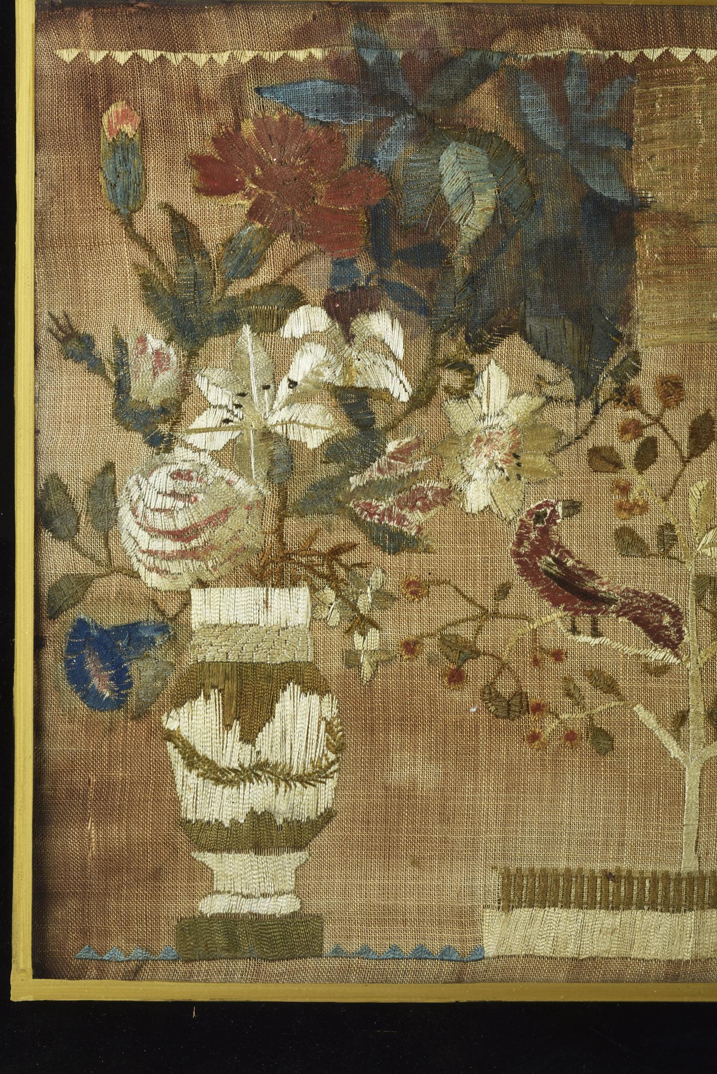 2018.0029 A Needlework picture, B Glass mat, C Backboard, D Frame, detail 2