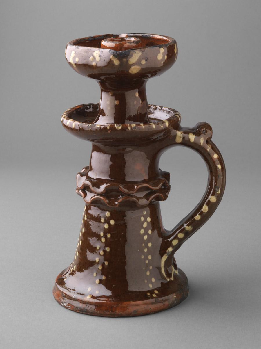 1959.2290 Redware candlestick and oil lamp (view 2)