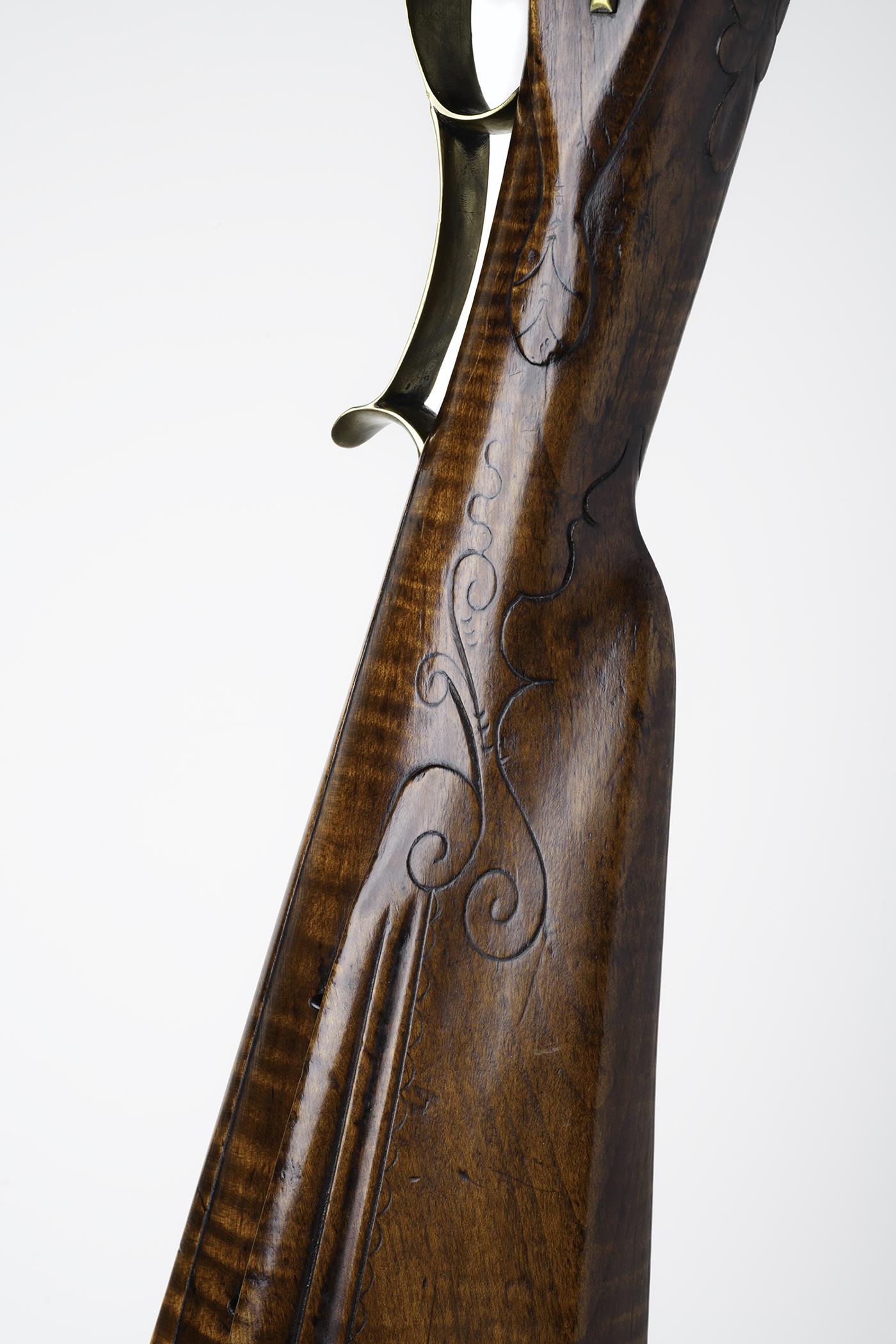 2019.0042.001 Rifle, Flintlock rifle, stock, detail 2