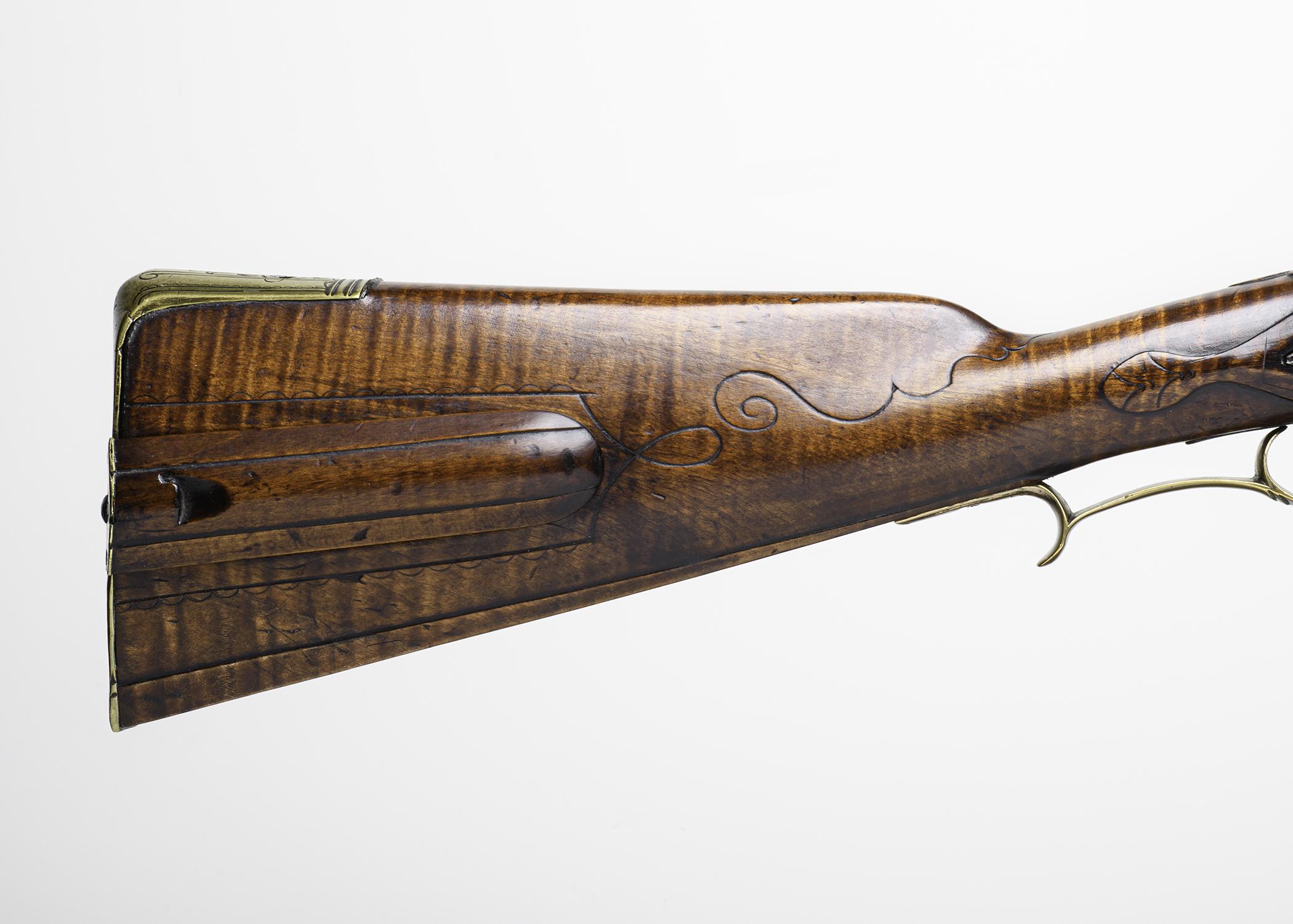 2019.0042.001 Rifle, Flintlock rifle, stock, detail 3