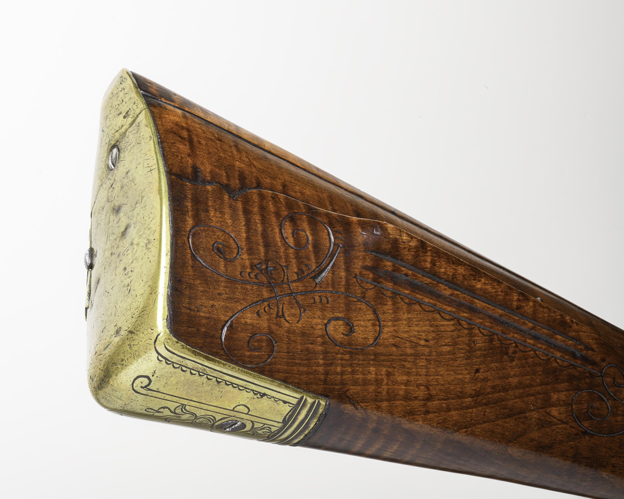 2019.0042.001 Rifle, Flintlock rifle, stock, detail 5