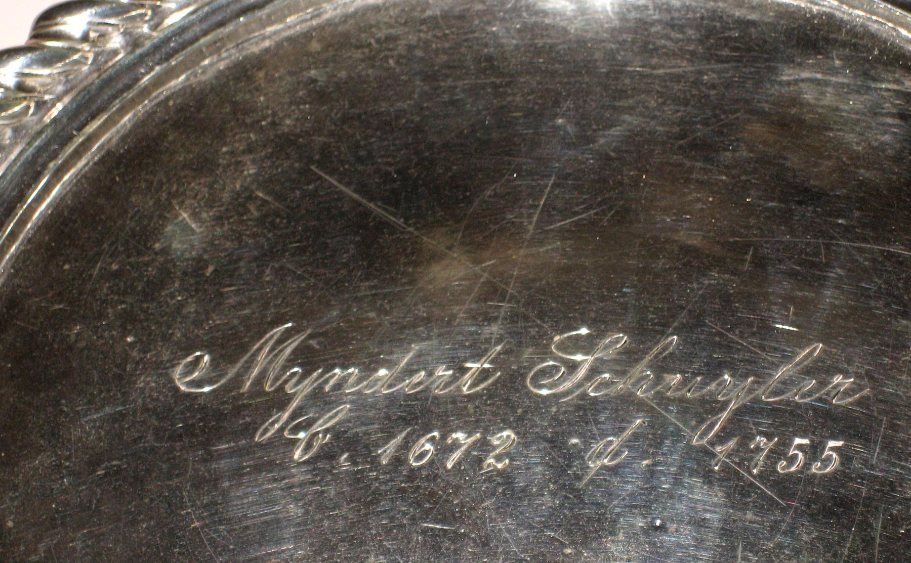 1959.2597 Silver tray or salver (inscription detail)