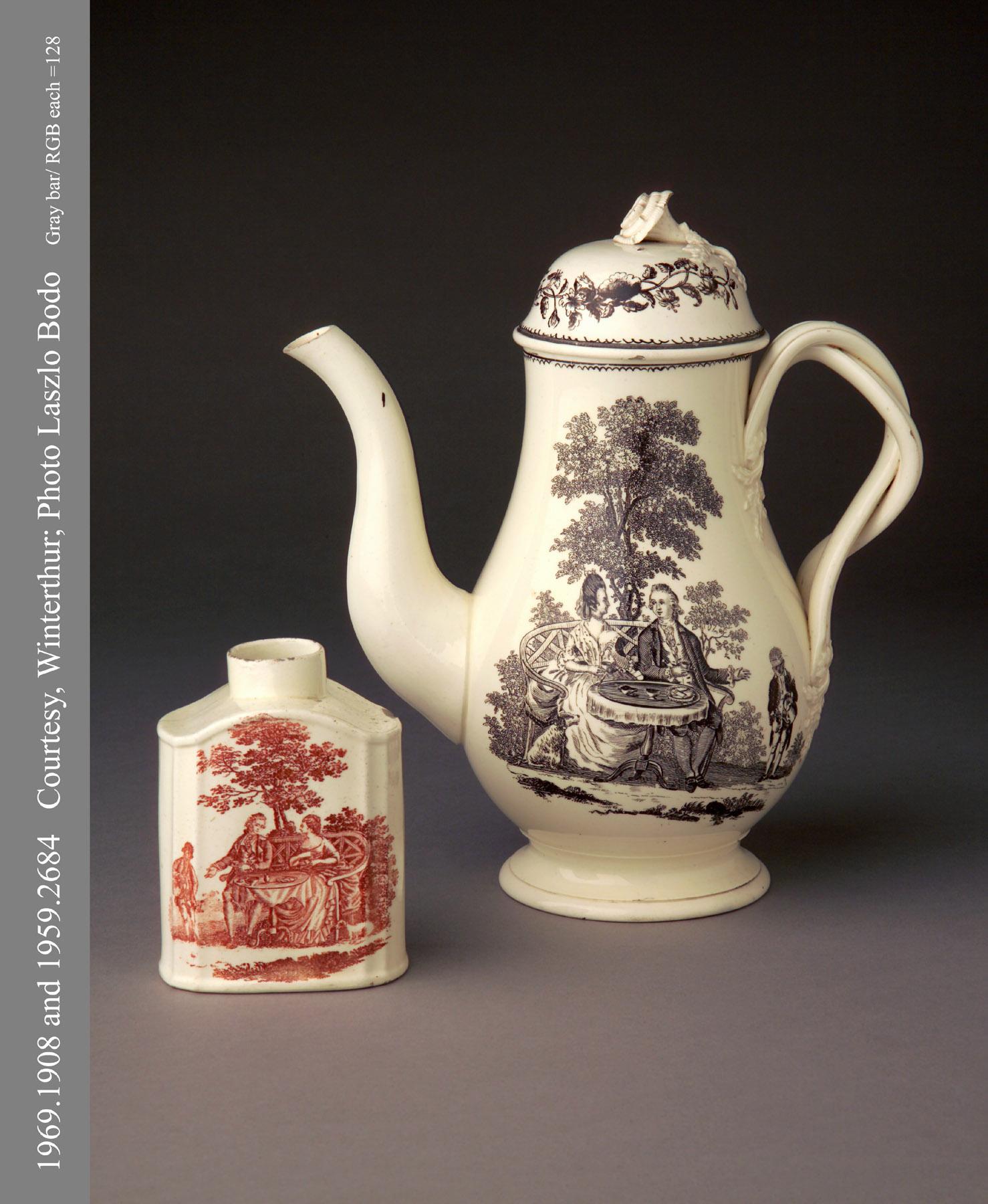 1969.1908, 1959.2684 Creamware printed canister & coffeepot