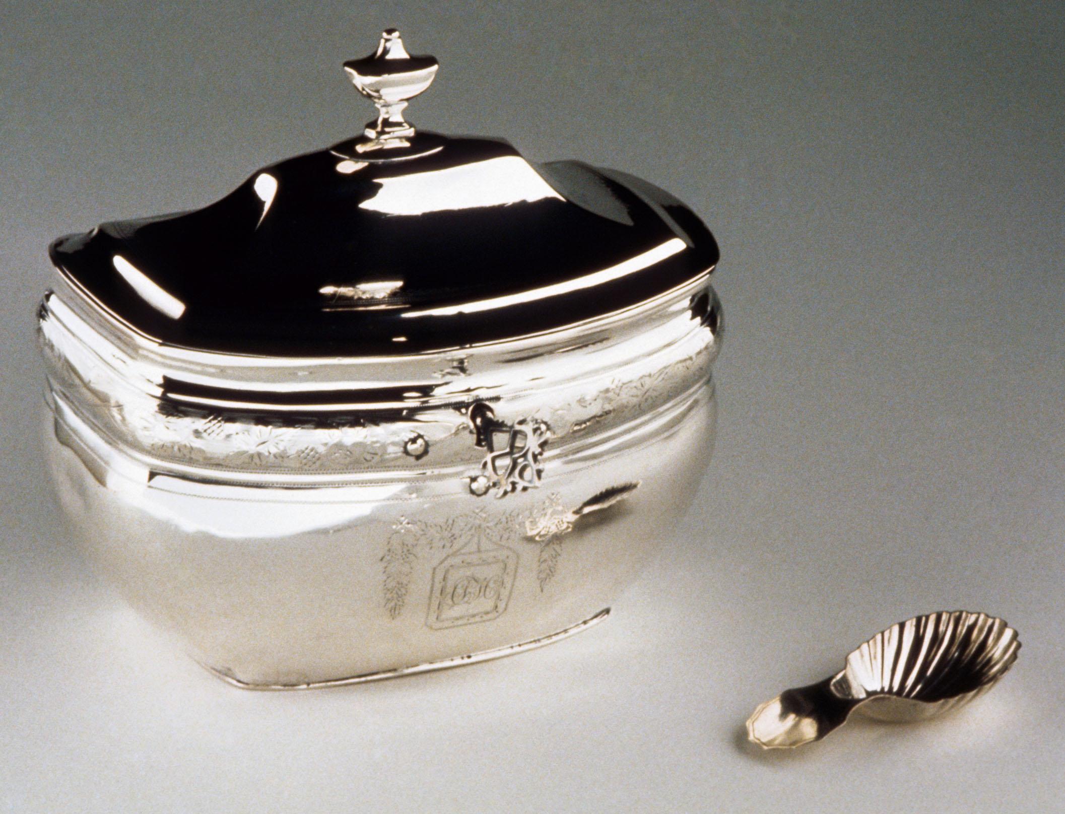 1967.0231 A, B, 1962.0240.818, Tea Cannister, Spoon, Tea Caddy Spoon, view 1