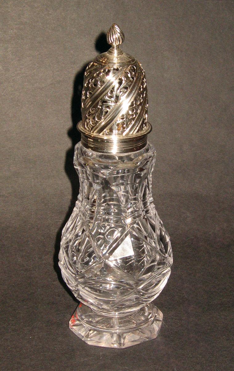 1959.3369 A, B Glass castor with silverplate on copper cap