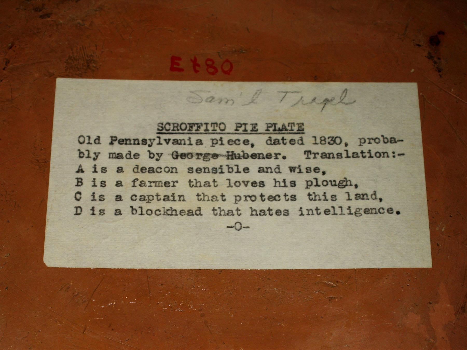 1960.0659 PA sgraffito slipware dish (label detail)