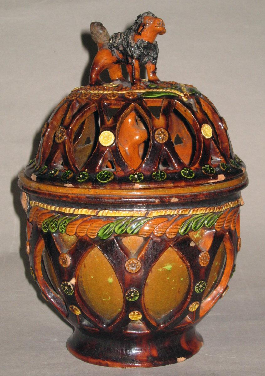 1960.0678 Redware covered bowl