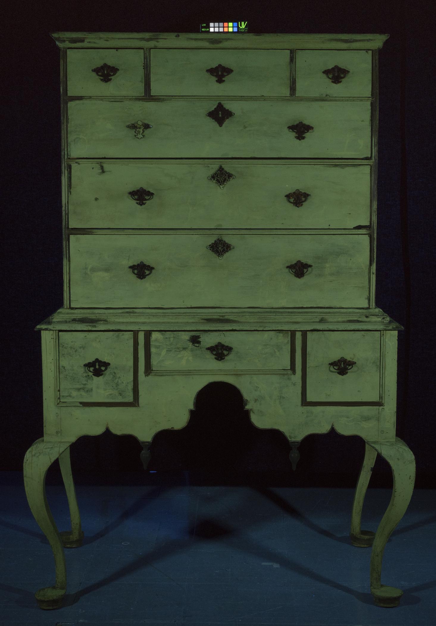 1954.0507 Chest of drawers, view 1, ultraviolet light