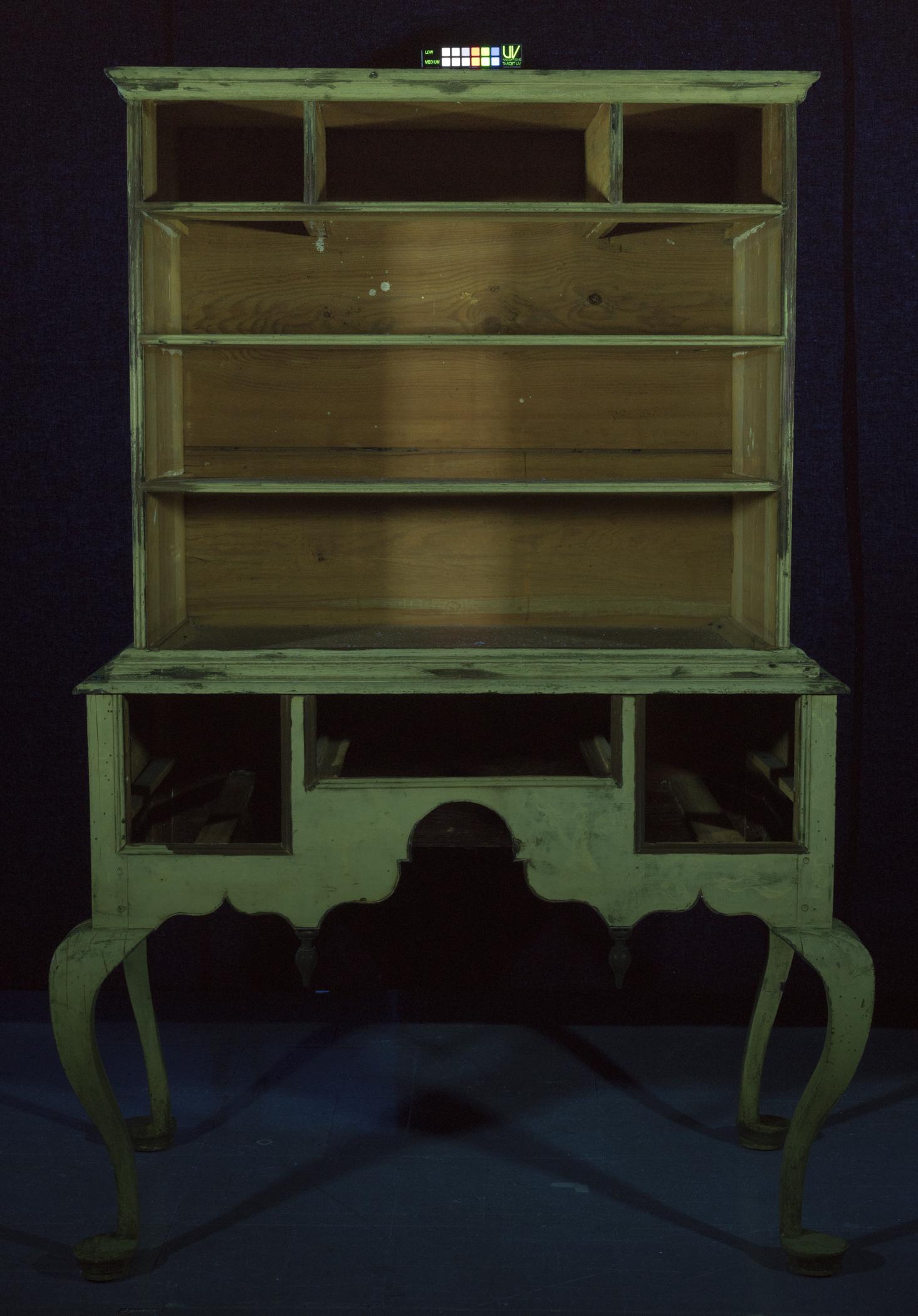 1954.0507 Chest of drawers, view 2, ultraviolet light