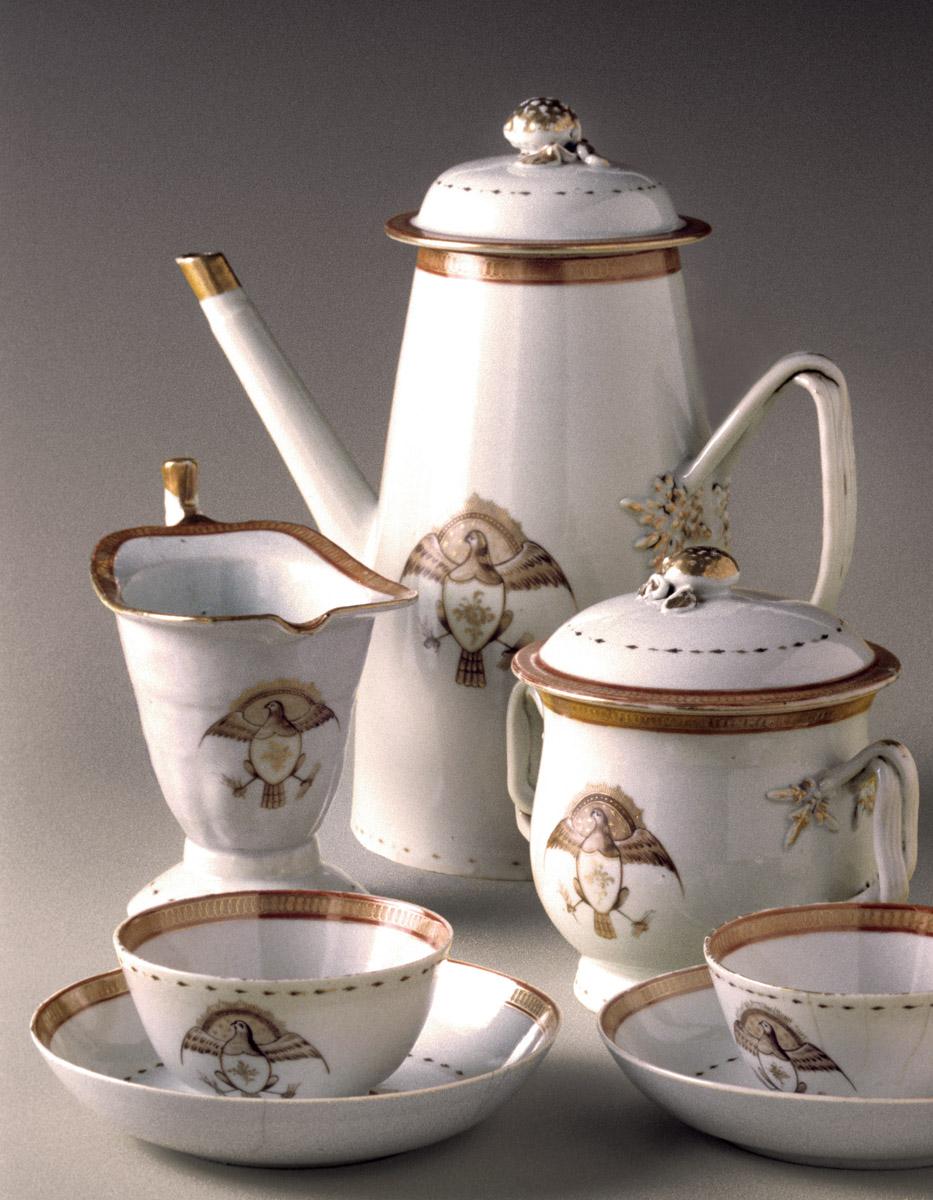 1961.0670.005 Teabowl, .006 Teabowl, .007 Saucer, .008 Saucer, .014 Cream or milk jug, .017 A, B Sugar bowl, .020 A, B Coffee pot