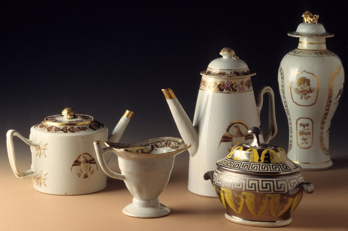 1956.0038.046 Vase, 1958.1303 Tureen, 1961.0631.038 Cream or milk jug, 1961.0673.024 Coffee pot, 1961.0673.025 Teapot