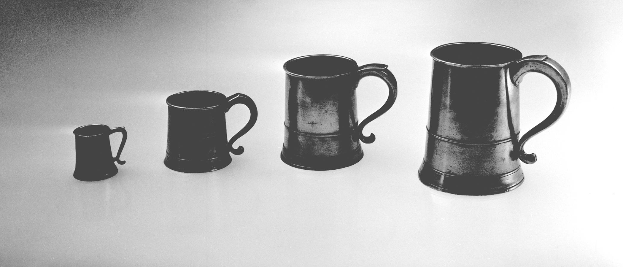 1965.1466, 1953.0015, 1955.0048.031, 1955.0048.027 Pewter mugs