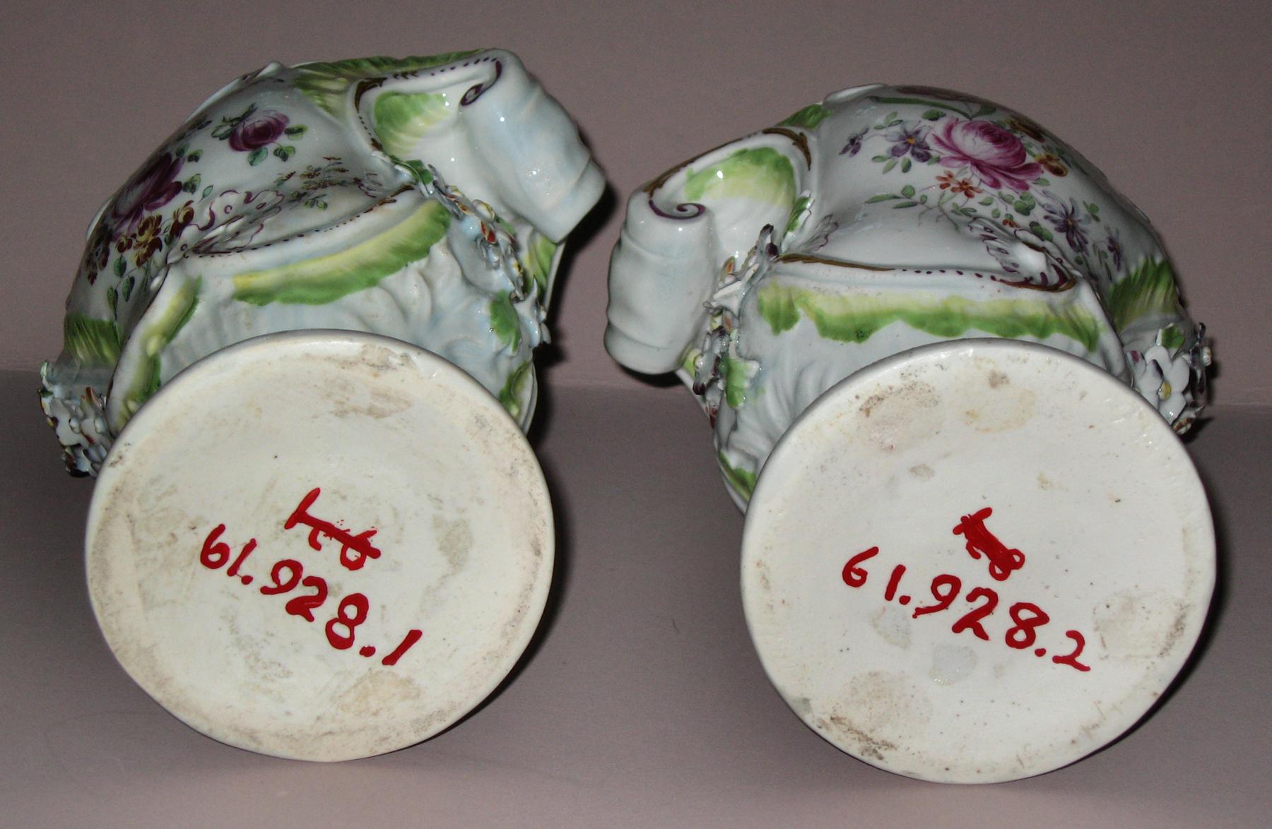 1961.0928.001, .002 Derby porcelain flower containers (vases) (bottom-marks)