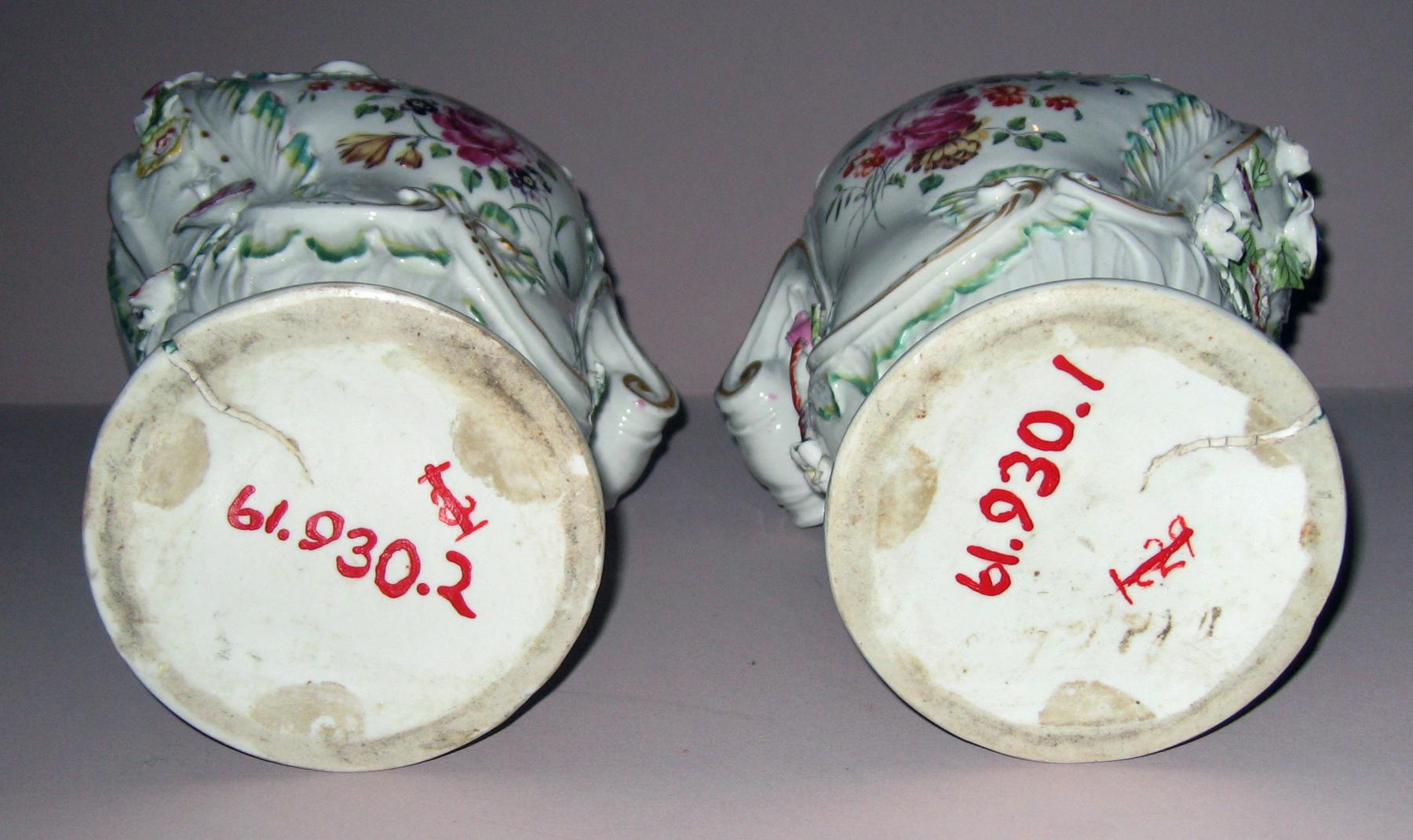 1961.0930.002, .001 Derby porcelain flower containers (vases) (bottom-marks)