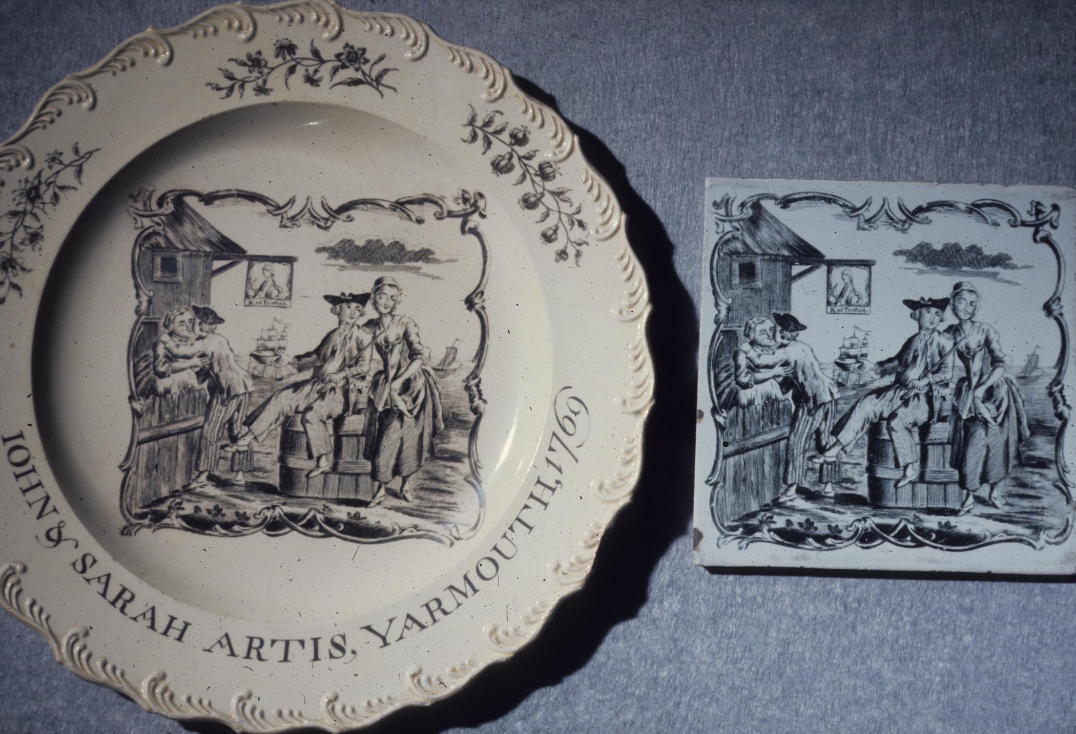 1957.0095, 1961.0944 Creamware plate and delft tile