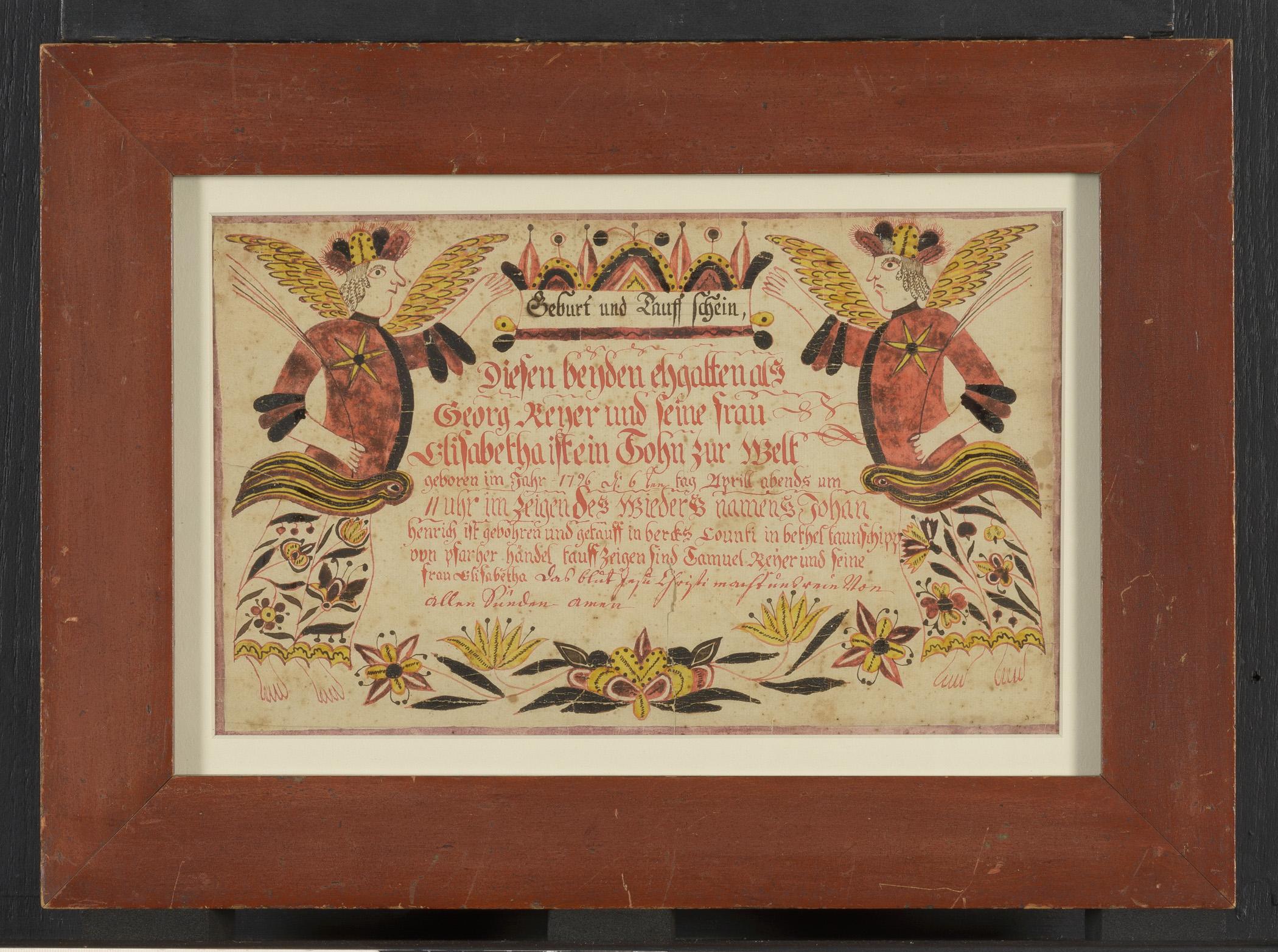 1961.1121 Fraktur and 1957.1178 Frame, view 1