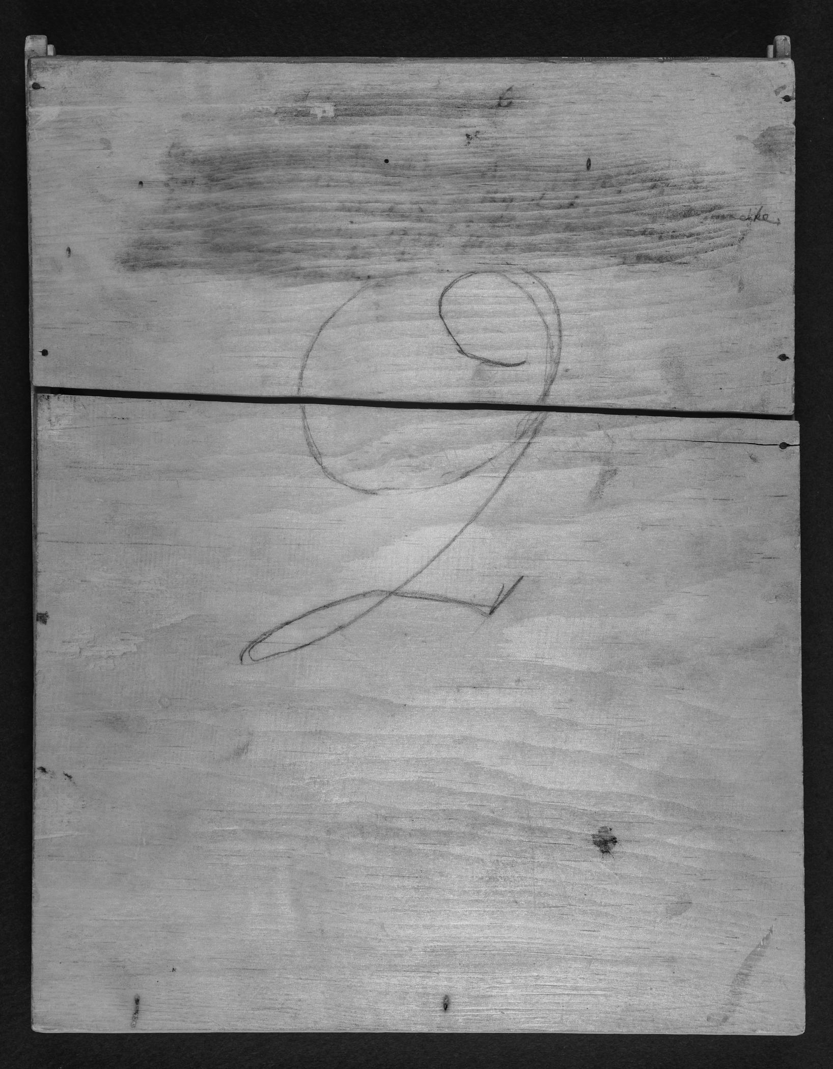 1962.0087 Desk and bookcase, detail 1, inscription, infrared reflectography