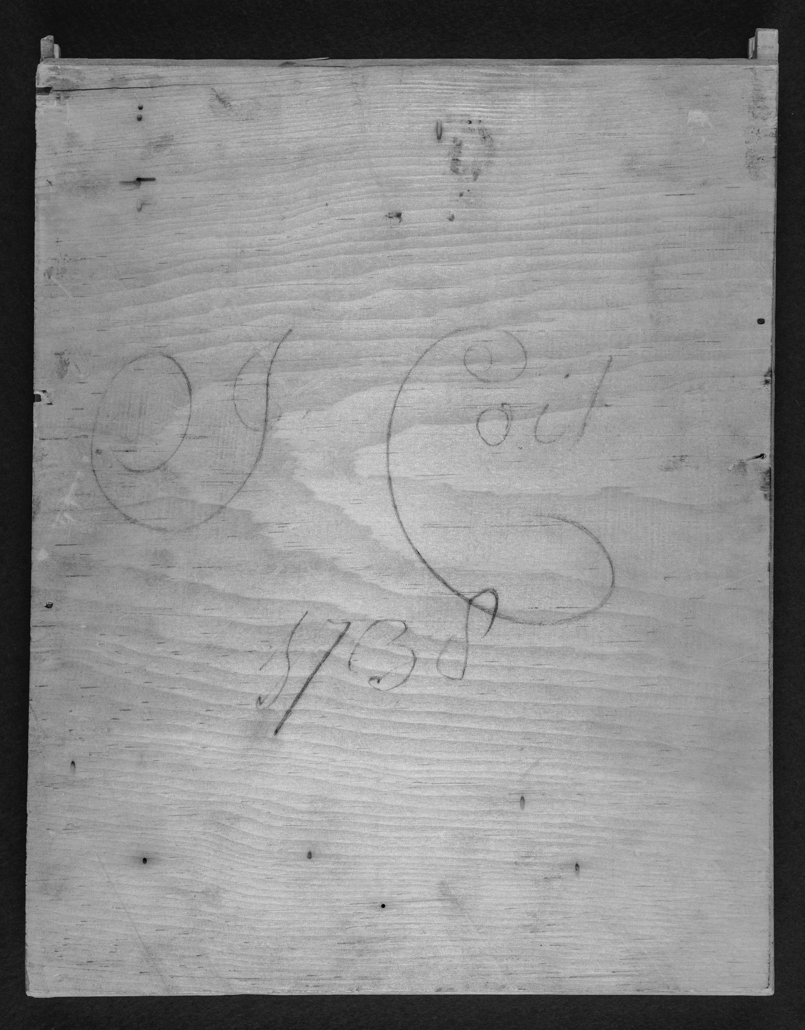 1962.0087 Desk and bookcase, detail 3, inscription, infrared reflectography