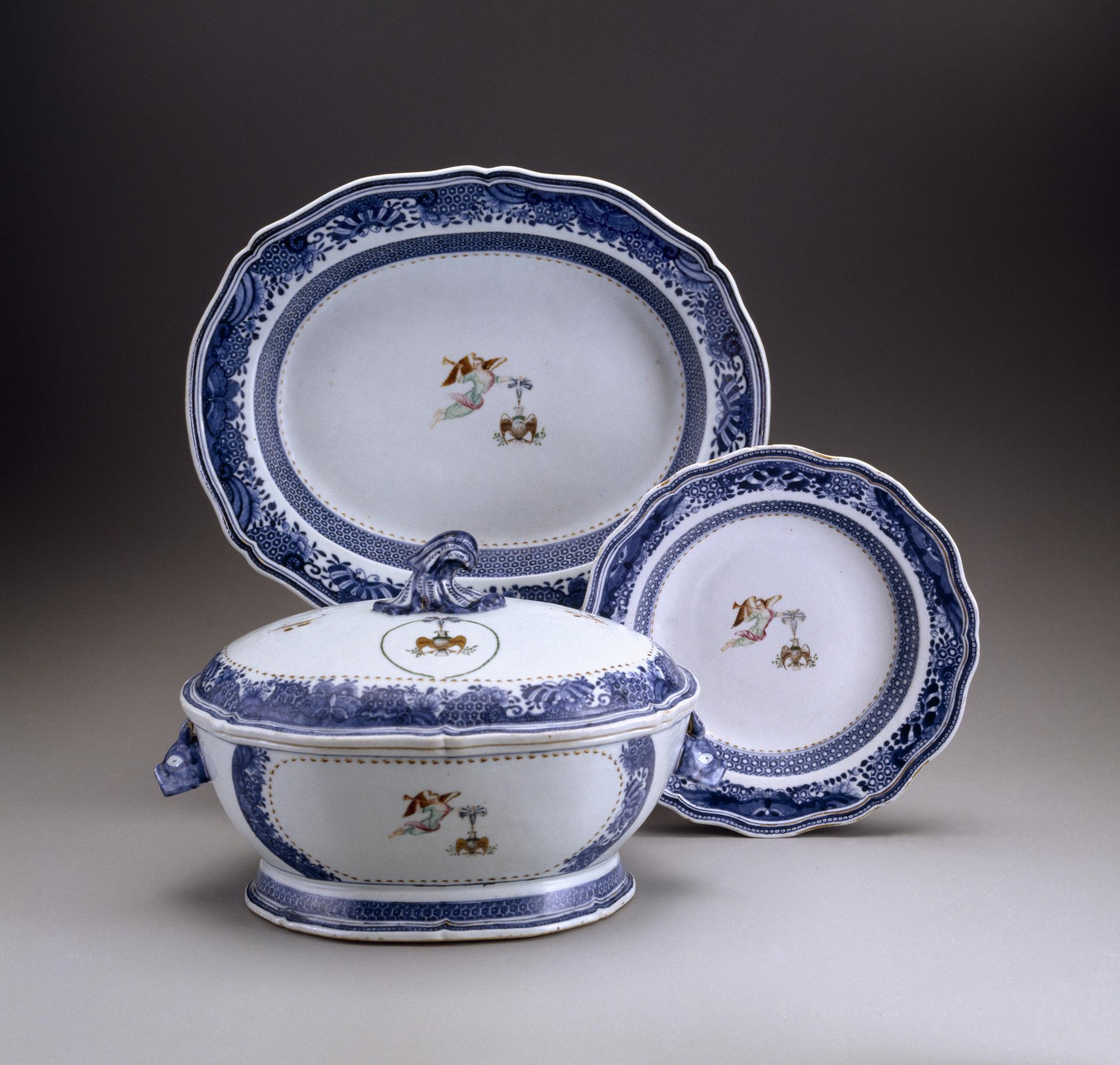 1963.0700.057 A Tureen, B Lid, C Tureen stand, 1963.0700.036 Plate