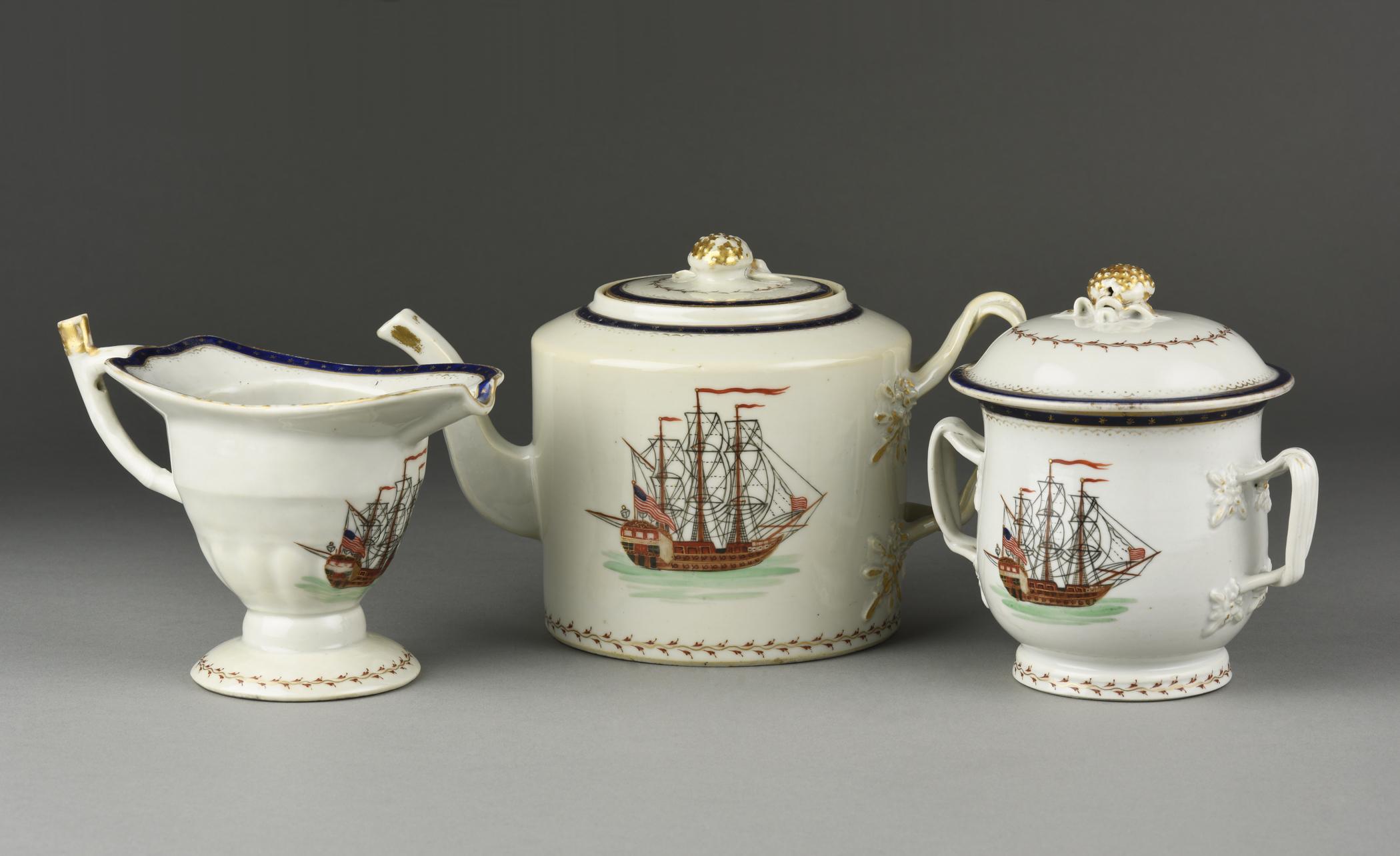 1963.0714.003 Cream or milk jug, 1963.0714.012 Teapot, 1963.0714.011 Sugar bowl, view 1