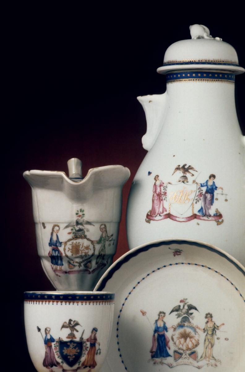 1956.0046.105 Coffee cup, 1958.0135.010 B Saucer, 1963.0815.002 Cream or milk jug, 1963.0812 A, B Coffee pot