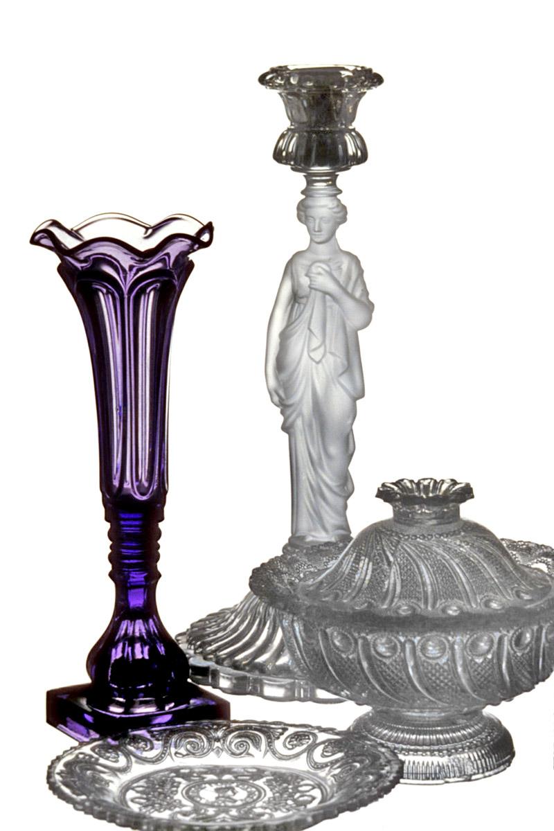 1963.0924.001 A, B Figure candlestick, 1964.0649 Flower container, 1974.0078 A, B Bowl, 1984.0113 Plate