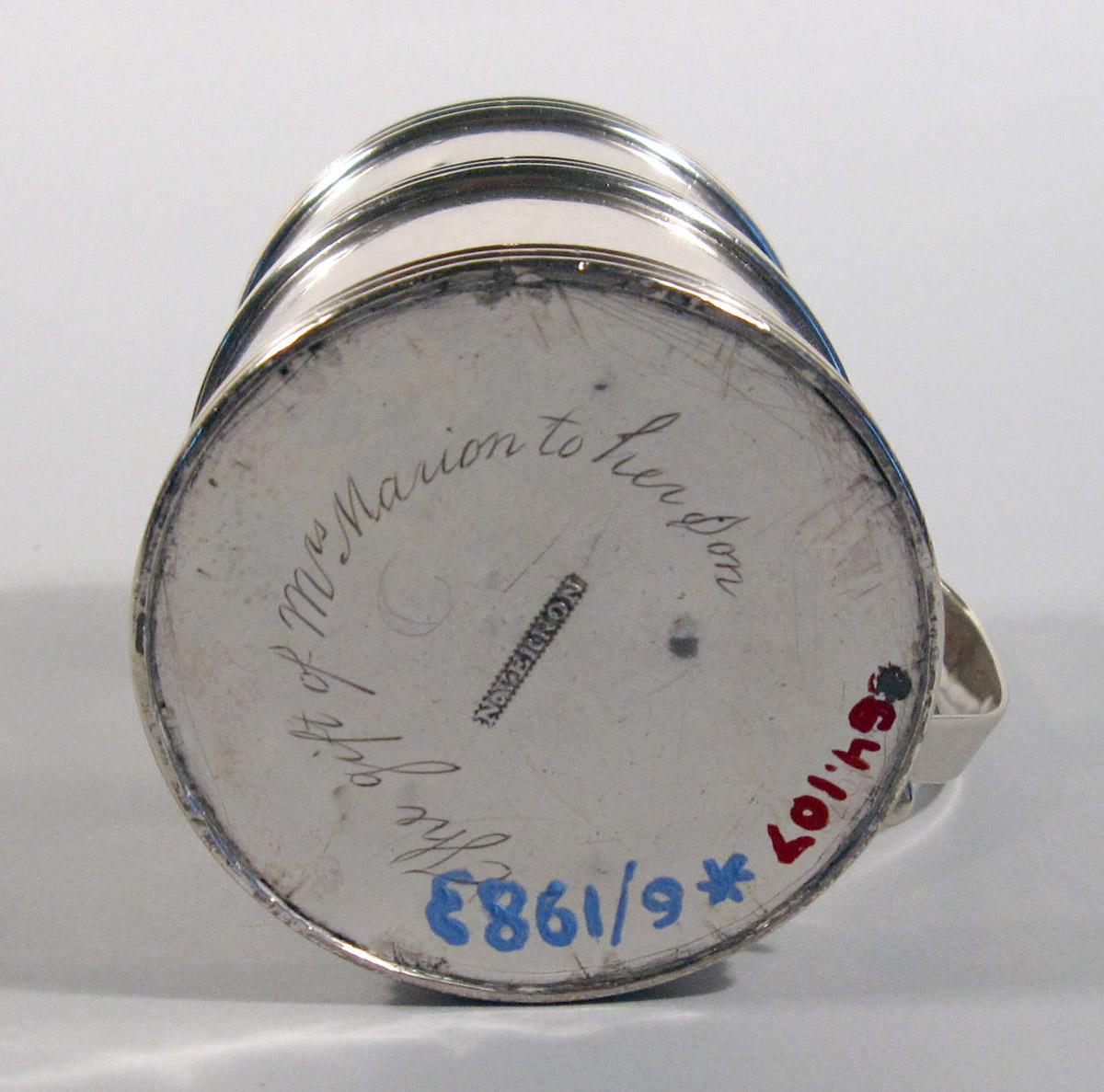 1964.0107 Silver Mug underside, inscription and engraving 2
