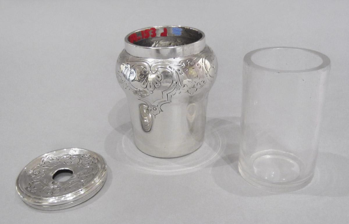 1964.0153 D, E, F Standish, inkwell, lid and liner