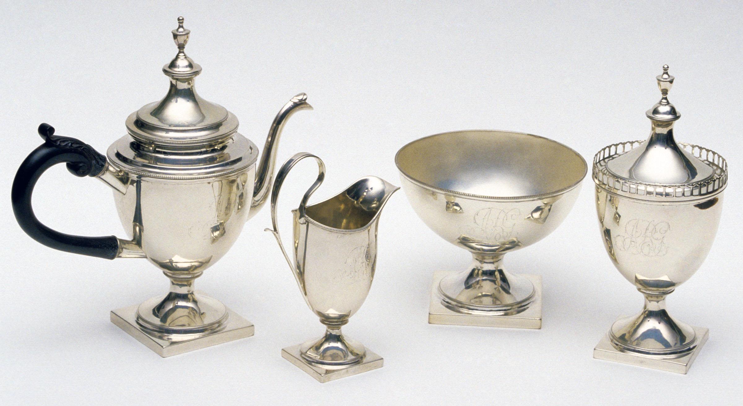 1964.1511.001 A, B, 1964.1511.002, 1964.1151.003 A, B, 1964.1151.004 Teapot, Cream Pot, Cream Jug, Waste Bowl, Sugar Bowl, view 1