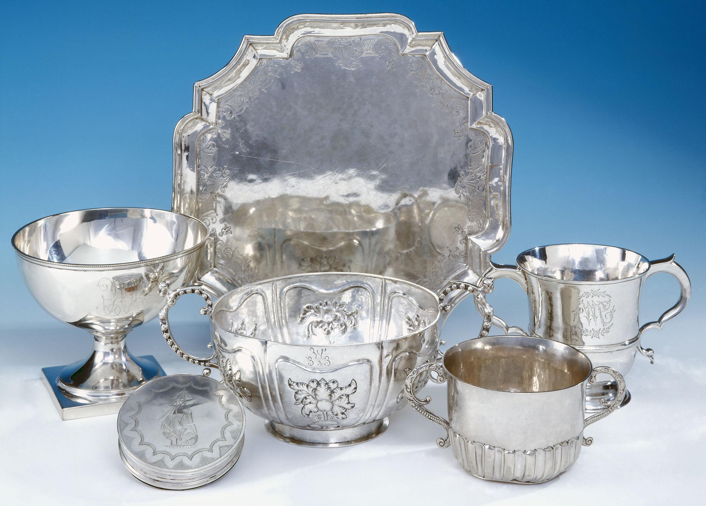 1955.0127, 1977.0081, 1953.0002, 1960.1053, 1964.1511.004, 1958.0095.002 A, B Bowl, Cup, Salver, Caudle Cup, Waste Bowl, Tobacco Box, Box